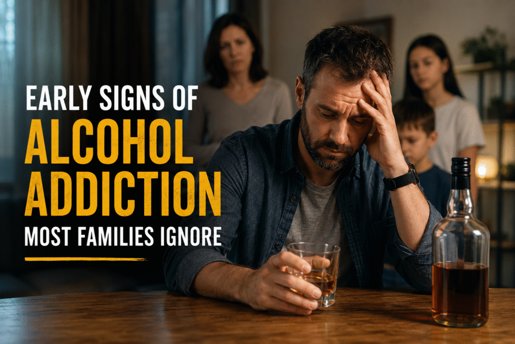 Man sitting at a table with a glass of alcohol looking distressed while concerned family members stand in the background, illustrating the early signs of alcohol addiction and its impact on families.