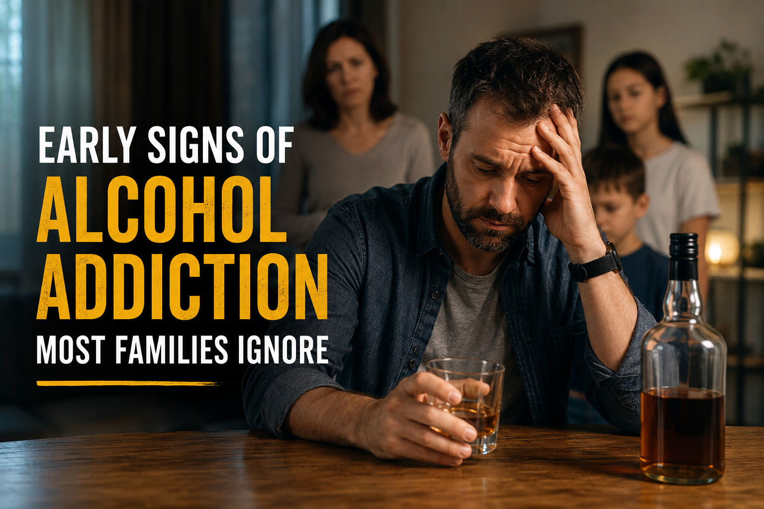 Man sitting at a table with a glass of alcohol looking distressed while concerned family members stand in the background, illustrating the early signs of alcohol addiction and its impact on families.
