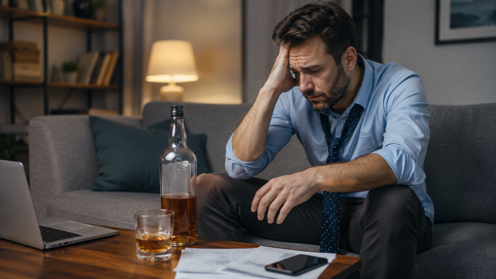 Stressed office worker sitting on a couch after work with a bottle of alcohol on the table, showing how people may use drinking as a way to cope with stress and emotional pressure.