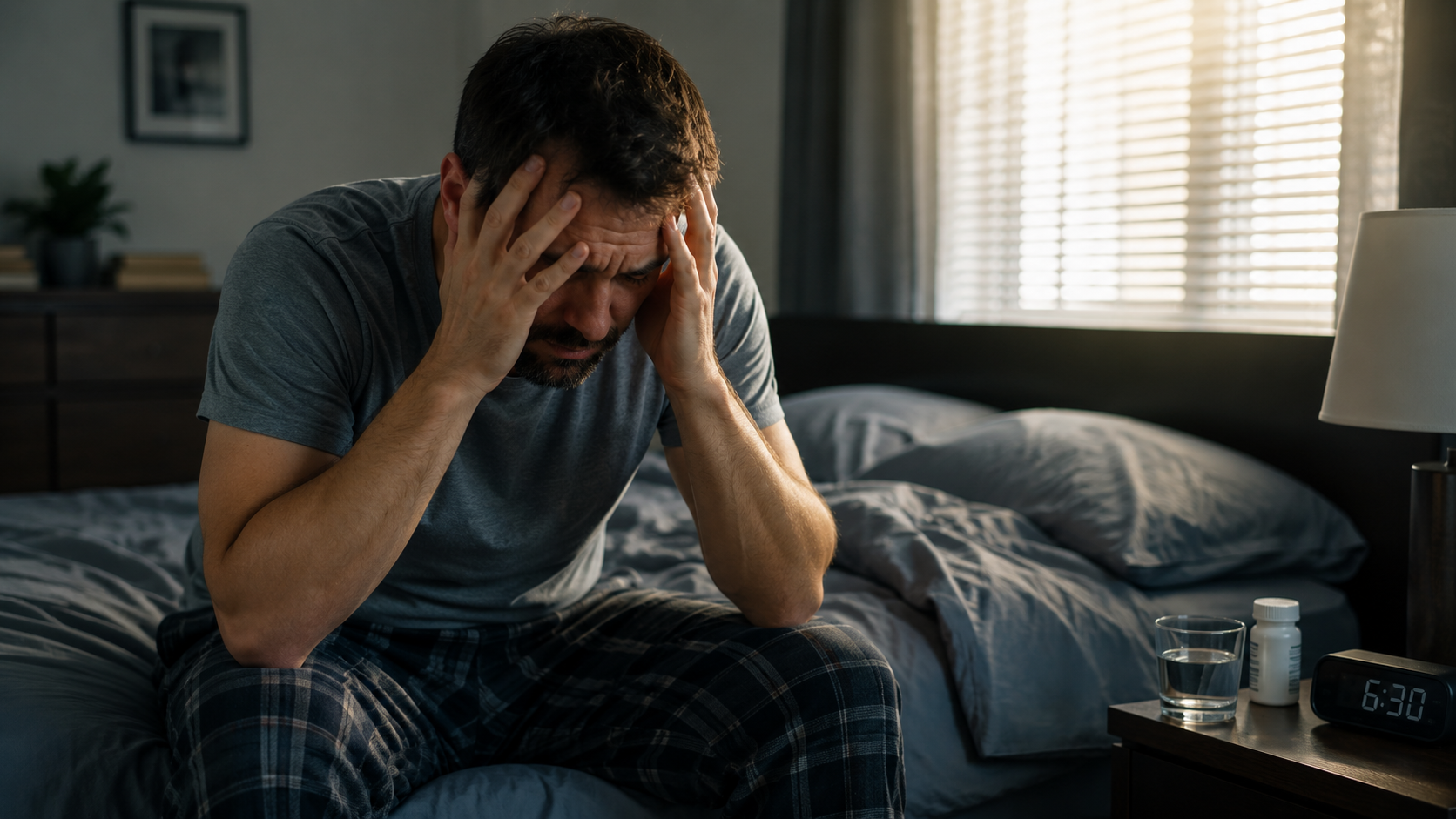 Man sitting on the edge of a bed holding his head in distress during early morning hours, showing anxiety and discomfort associated with alcohol withdrawal symptoms.