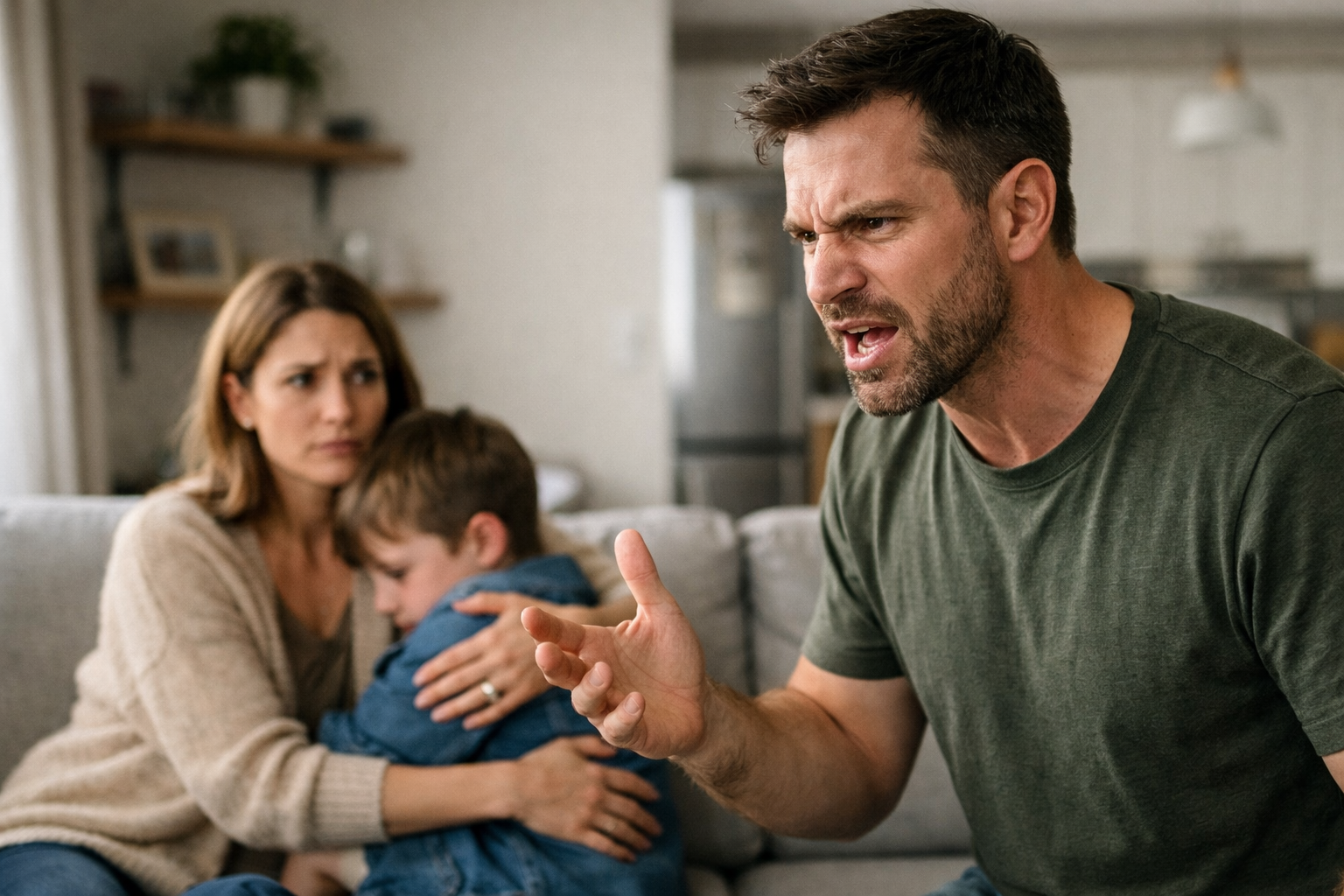 A tense family scene showing a man angrily gesturing during a heated discussion, while his concerned wife comforts their sad child on a sofa in a warmly lit living room.