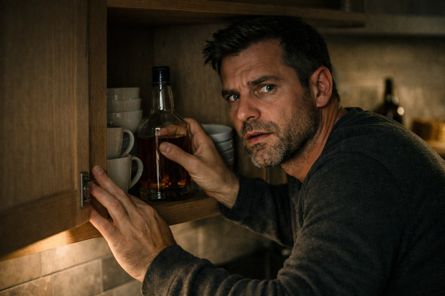 A middle-aged man nervously hides a whiskey bottle inside a kitchen cabinet while glancing over his shoulder in a dimly lit home, symbolizing secretive drinking and the struggle with addiction.