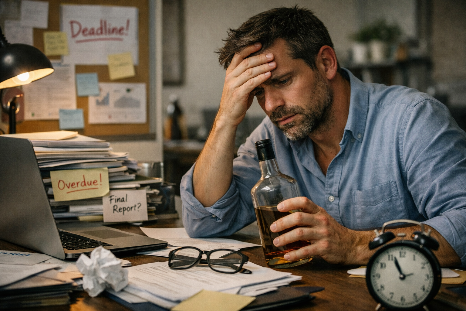 A tired man sits at a cluttered office desk with unfinished paperwork and a whiskey bottle beside him, symbolizing missed deadlines and the toll of stress and alcohol on professional life.