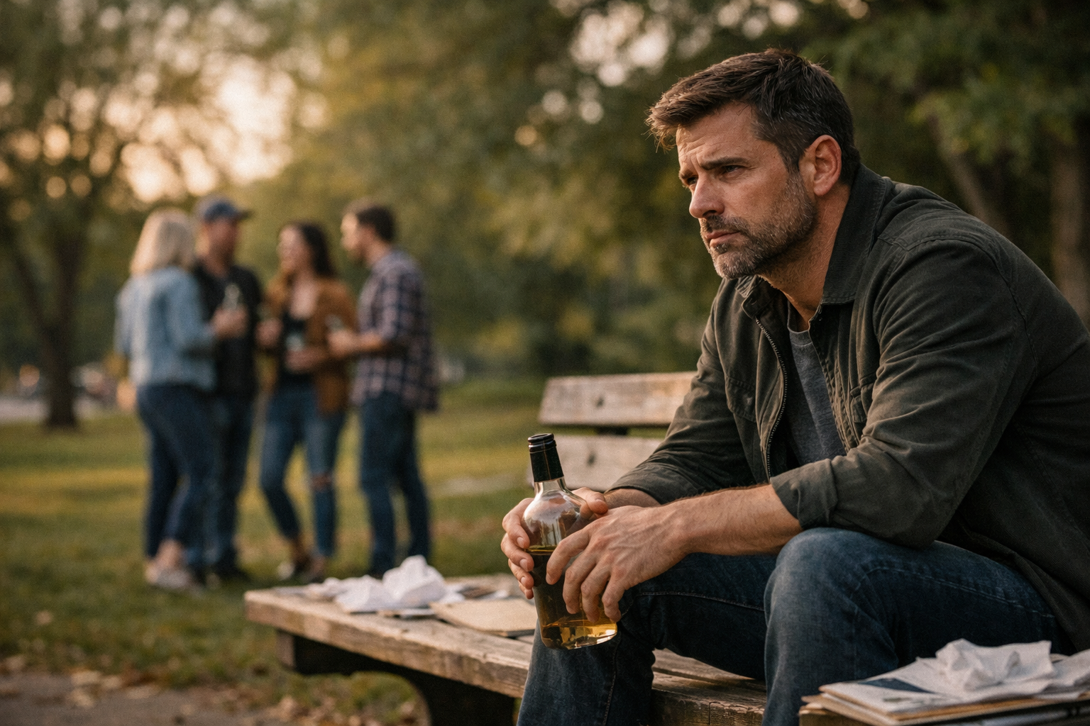 A man sits alone on a park bench at sunset, looking sad and distant, while a group of friends laugh and talk together in the background, symbolizing feelings of isolation and social withdrawal.