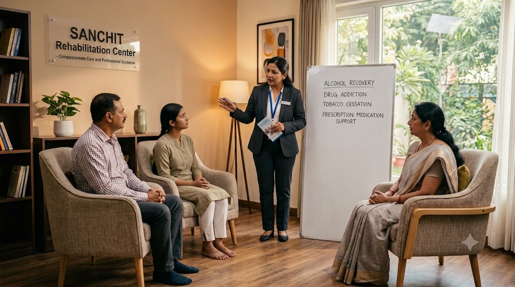 A photograph taken from inside a modern counseling office shows a woman in a dark gray suit standing next to a whiteboard, presenting to a group of three patients. The sign on the wall reads 'SANCHIT Rehabilitation Center - Compassionate Care and Professional Guidance', and the text on the whiteboard reads 'ALCOHOL RECOVERY, DRUG ADDICTION, TOBACCO CESSATION, PRESCRIPTION MEDICATION SUPPORT'.