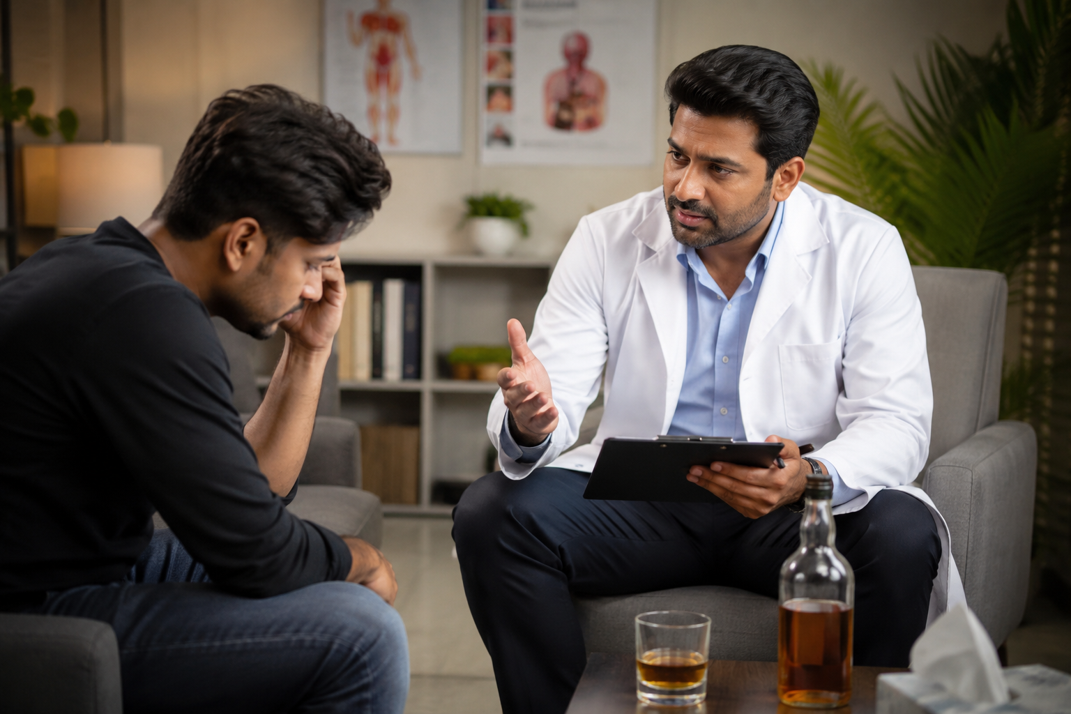 Indian doctor counseling a young adult recovering from alcohol addiction at a professional rehabilitation centre in Chennai on Best Rehabilitation Centre in Chennai