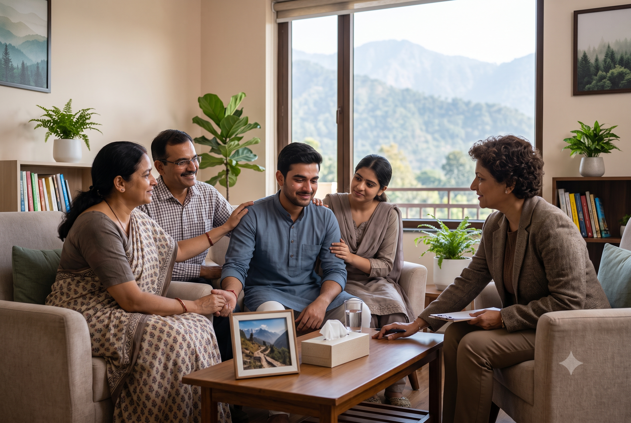 An emotional Indian family sits together in a counseling room with a large mountain view window, receiving support from a professional female therapist during an addiction recovery session.