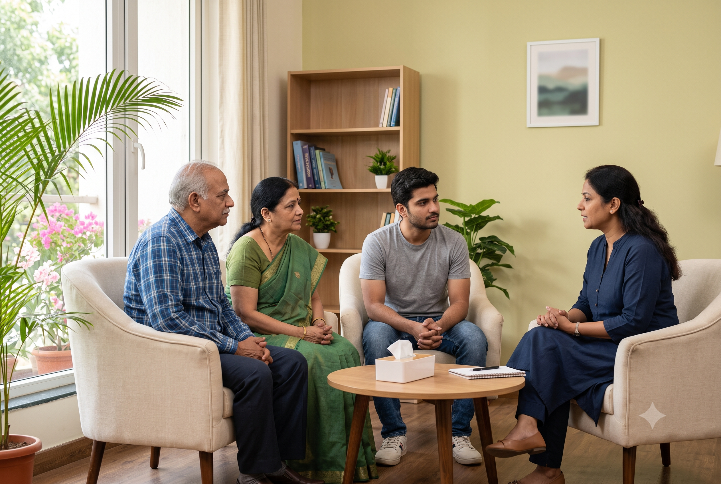 Family counseling session supporting addiction recovery at a rehabilitation centre in Goa.