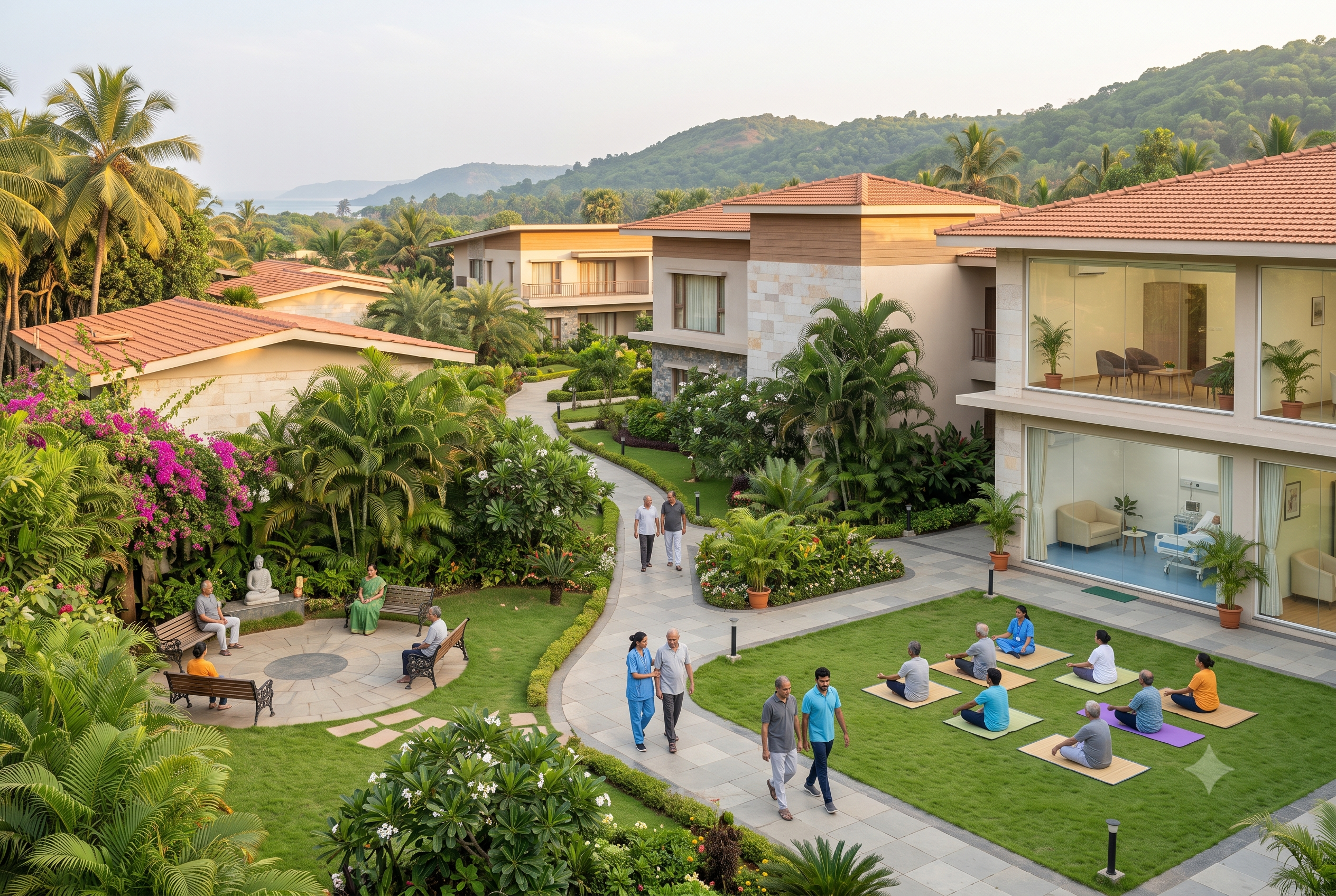 Peaceful rehabilitation centre in Goa surrounded by tropical greenery for addiction recovery.