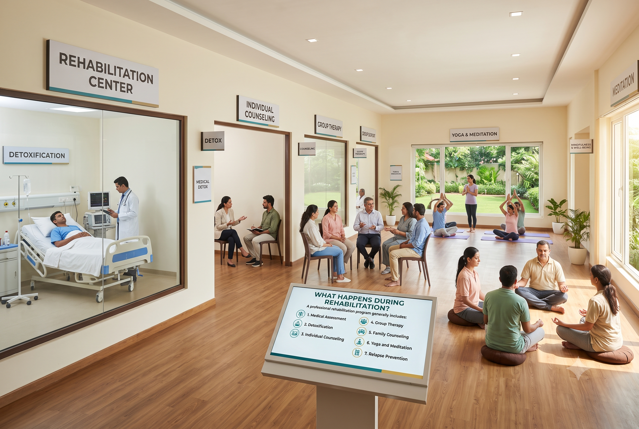 Rehabilitation process including detox, counseling, group therapy, yoga, and meditation.