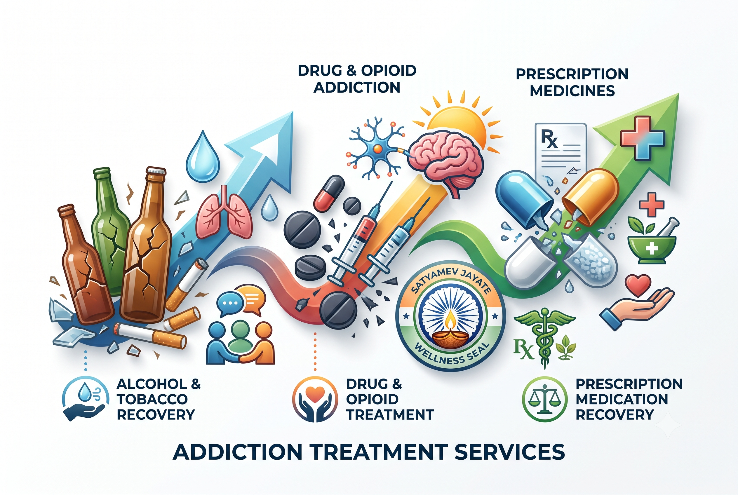Types of addiction treated at a rehabilitation centre in Dehradun including alcohol, drugs, tobacco, and prescription medication dependence.