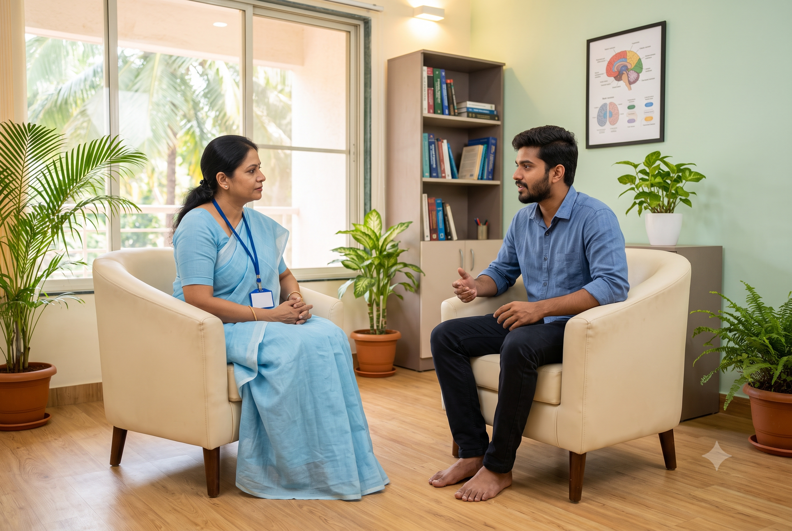 Indian doctor providing one-on-one addiction counseling to a young adult at a rehabilitation centre in Goa Best Rehabilitation Centre in Goa.