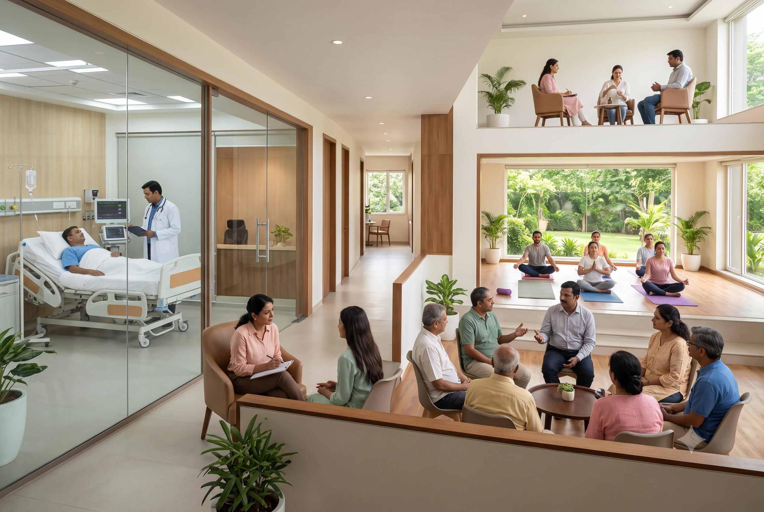 Medical detoxification, counseling, group therapy, yoga, and meditation during addiction recovery at a rehabilitation centre.