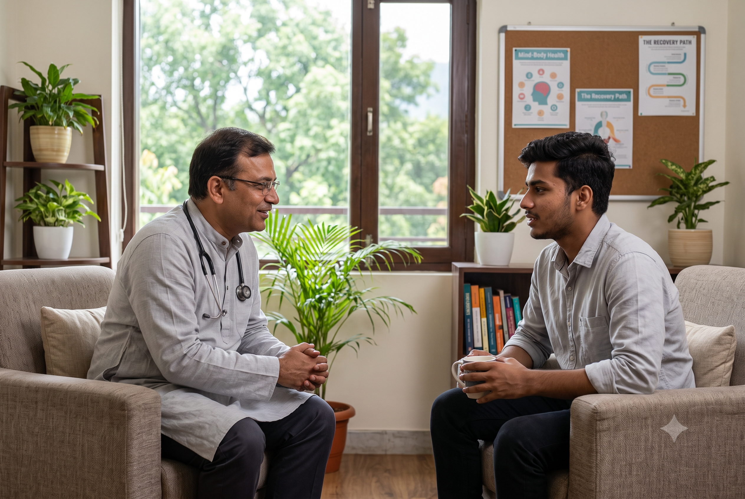 Indian doctor providing one-on-one addiction counseling to a young adult at a rehabilitation centre in Dehradun for Best Rehabilitation Centre in Dehradun