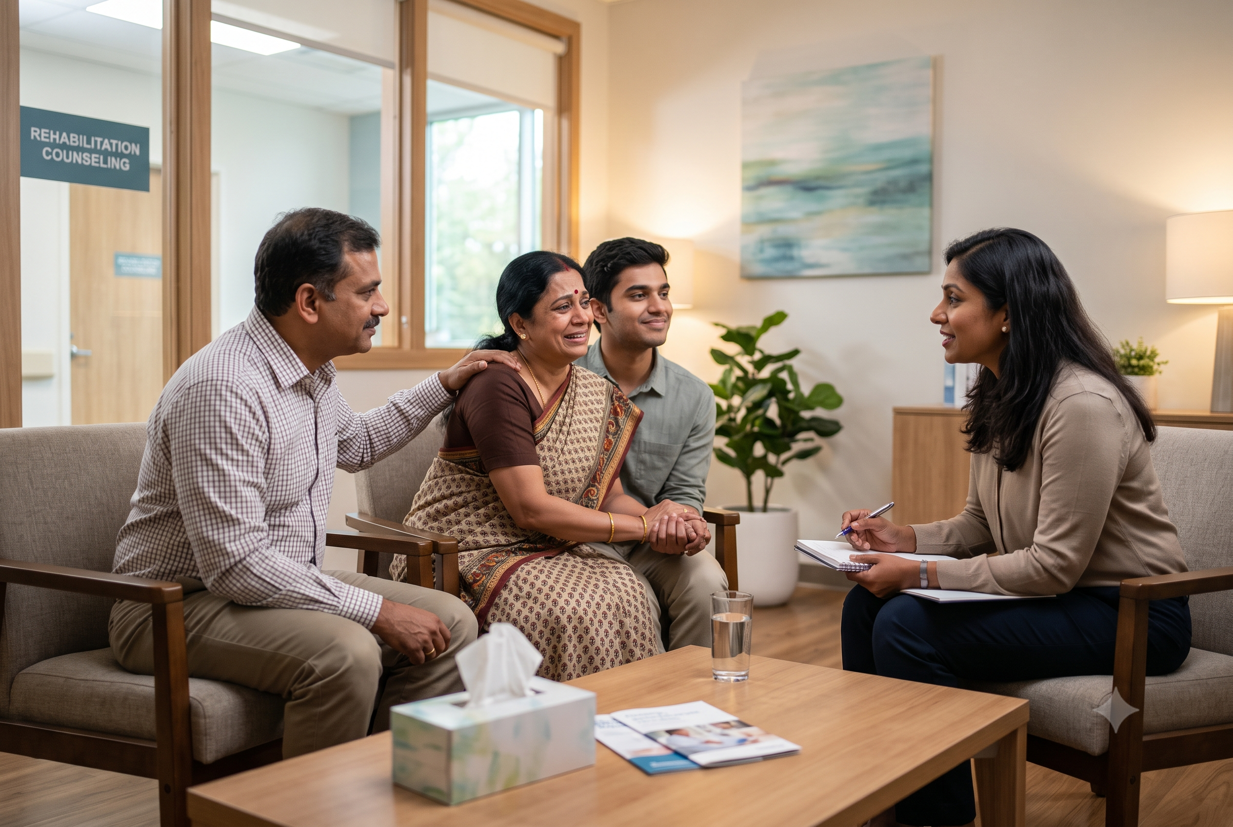An emotional Indian family sitting in a modern, brightly lit counseling room, offering support to their recovering young adult son while speaking with a professional female therapist.