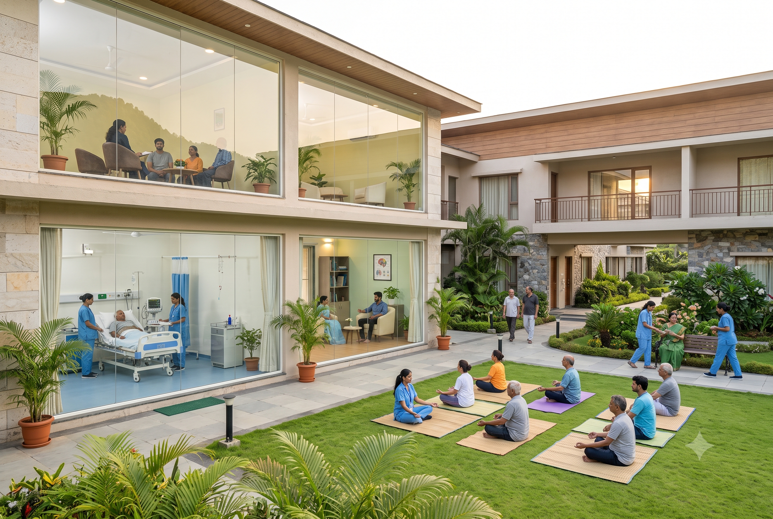 Medical detoxification, counseling, group therapy, yoga, and meditation at a rehabilitation centre in Goa.