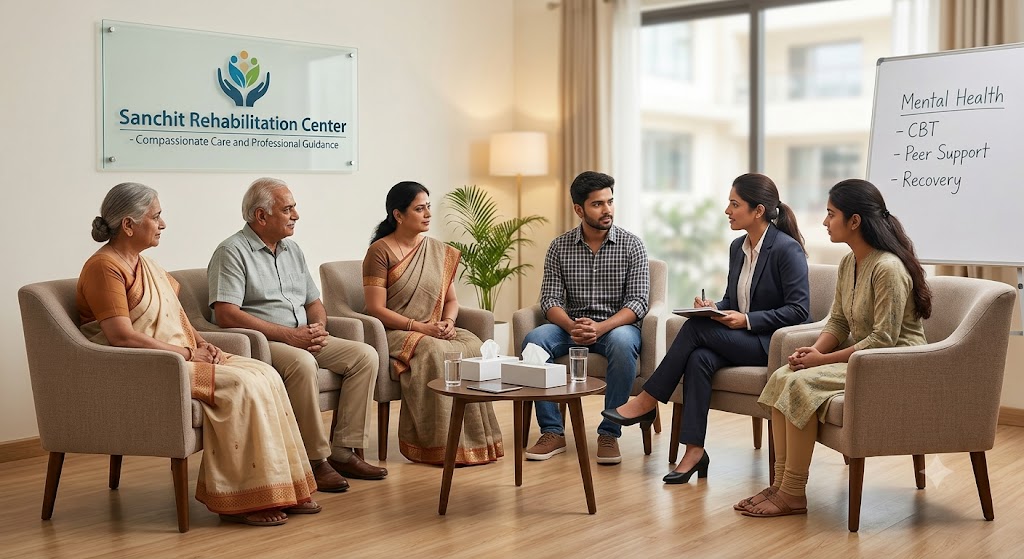 A professional group counseling session inside a bright, modern room at the Sanchit Rehabilitation Center Nasha Mukti Kendra in Haryana