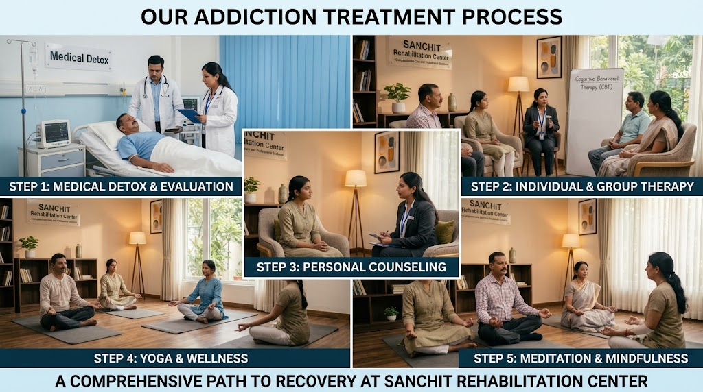 Addiction recovery process including detox counseling and therapy