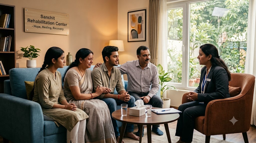 An Indian family sitting on a couch receiving emotional support and counseling from a professional therapist inside the Sanchit Rehabilitation Center in Uttar Pradesh Best Nasha Mukti Kendra in Uttar Pradesh
