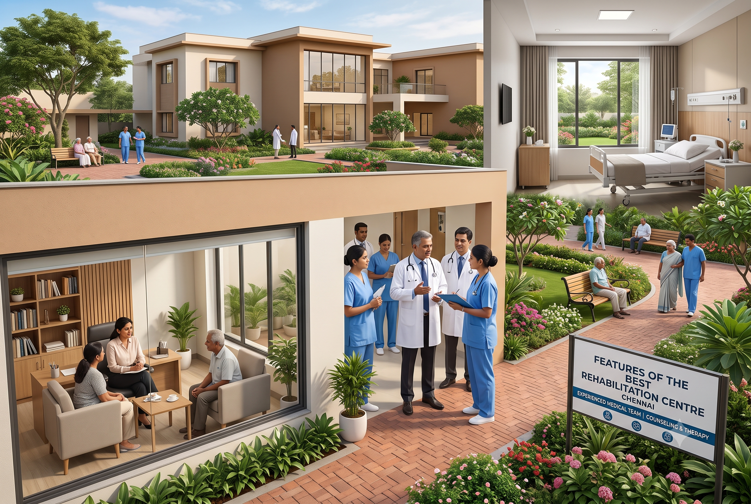 A detailed visualization showing the diverse amenities and services offered by a leading rehabilitation center, presented with clear labels on top of an split-view architectural illustration.