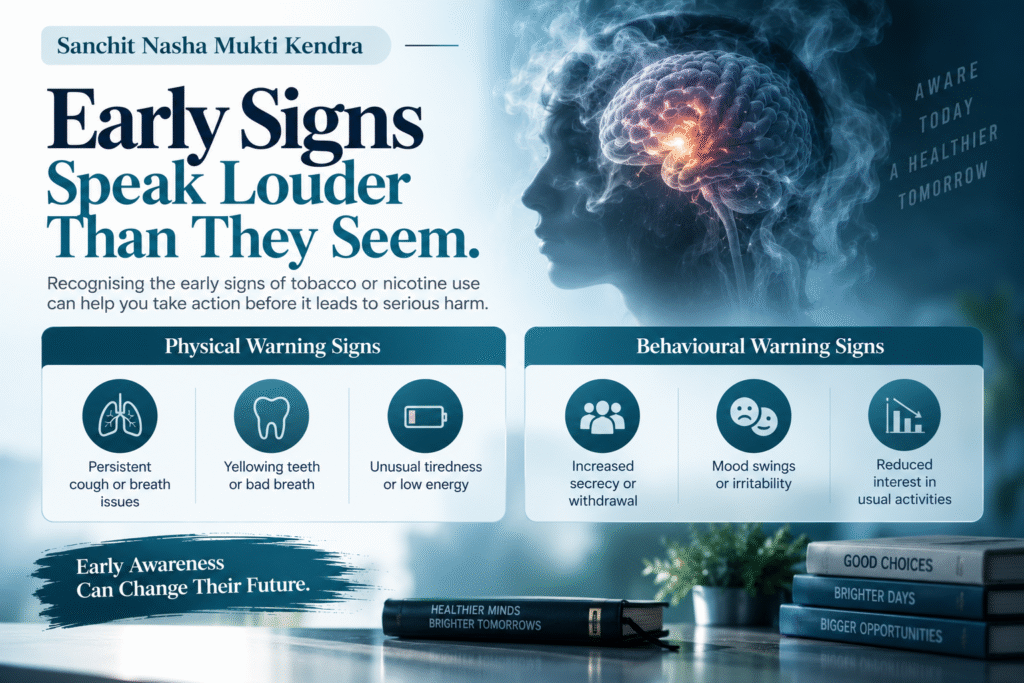 Early warning signs of youth tobacco or nicotine use, presented through physical and behavioural indicators including persistent cough, oral health changes, mood swings, secrecy, and withdrawal.