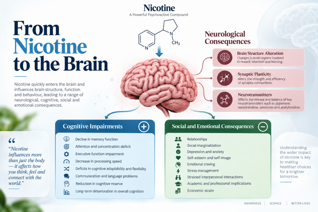 Sanchit Nasha Mukti Kendra awareness banner showing a young person with a glowing brain, highlighting how nicotine addiction affects the developing brain, focus, mood, behaviour, and future potential.